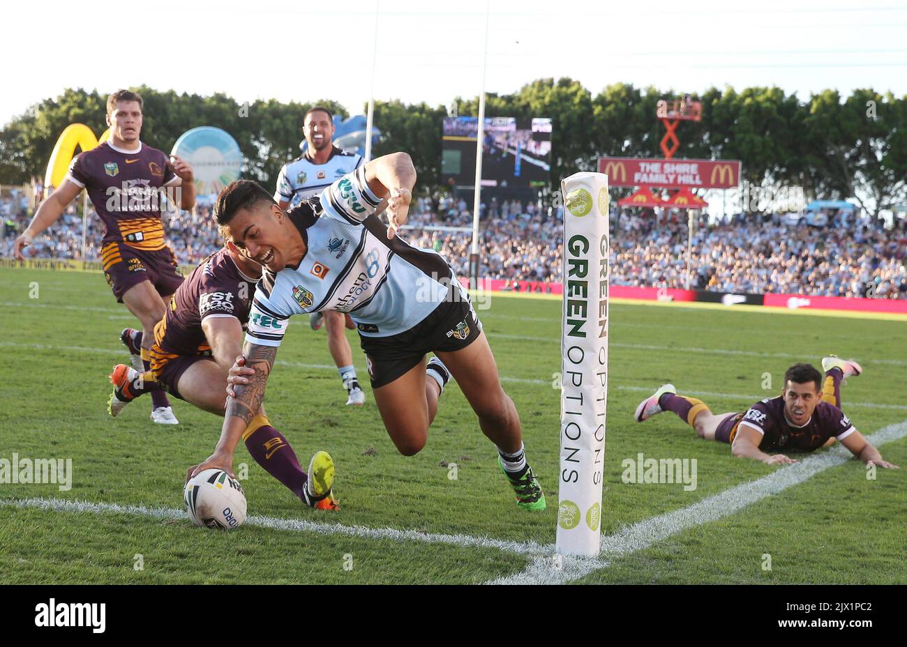 Sosaia Feki of the Sharks scores during the round 9 NRL match between