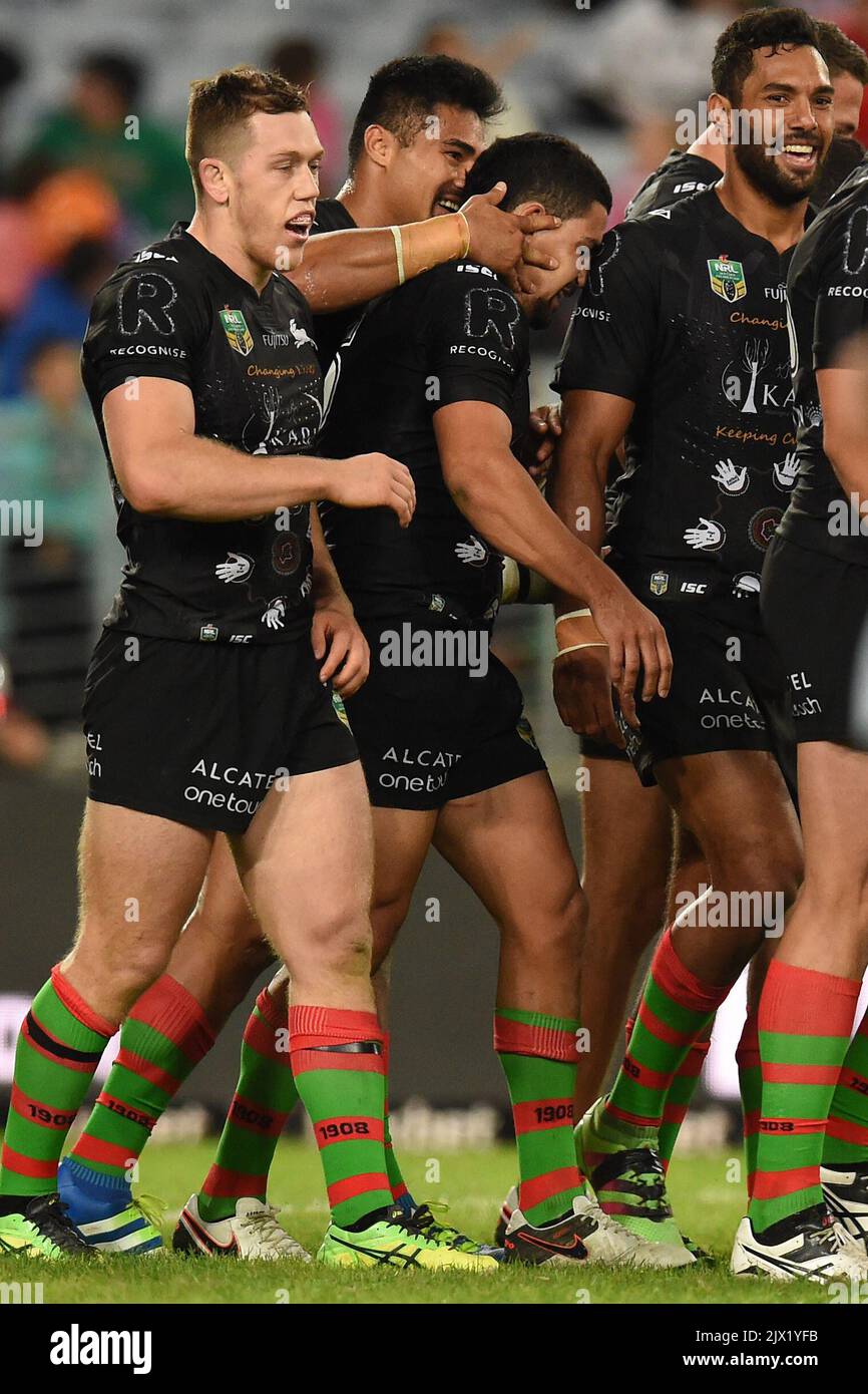 The Rabbitohs celebrate Cody Walker's try during their round 11 NRL