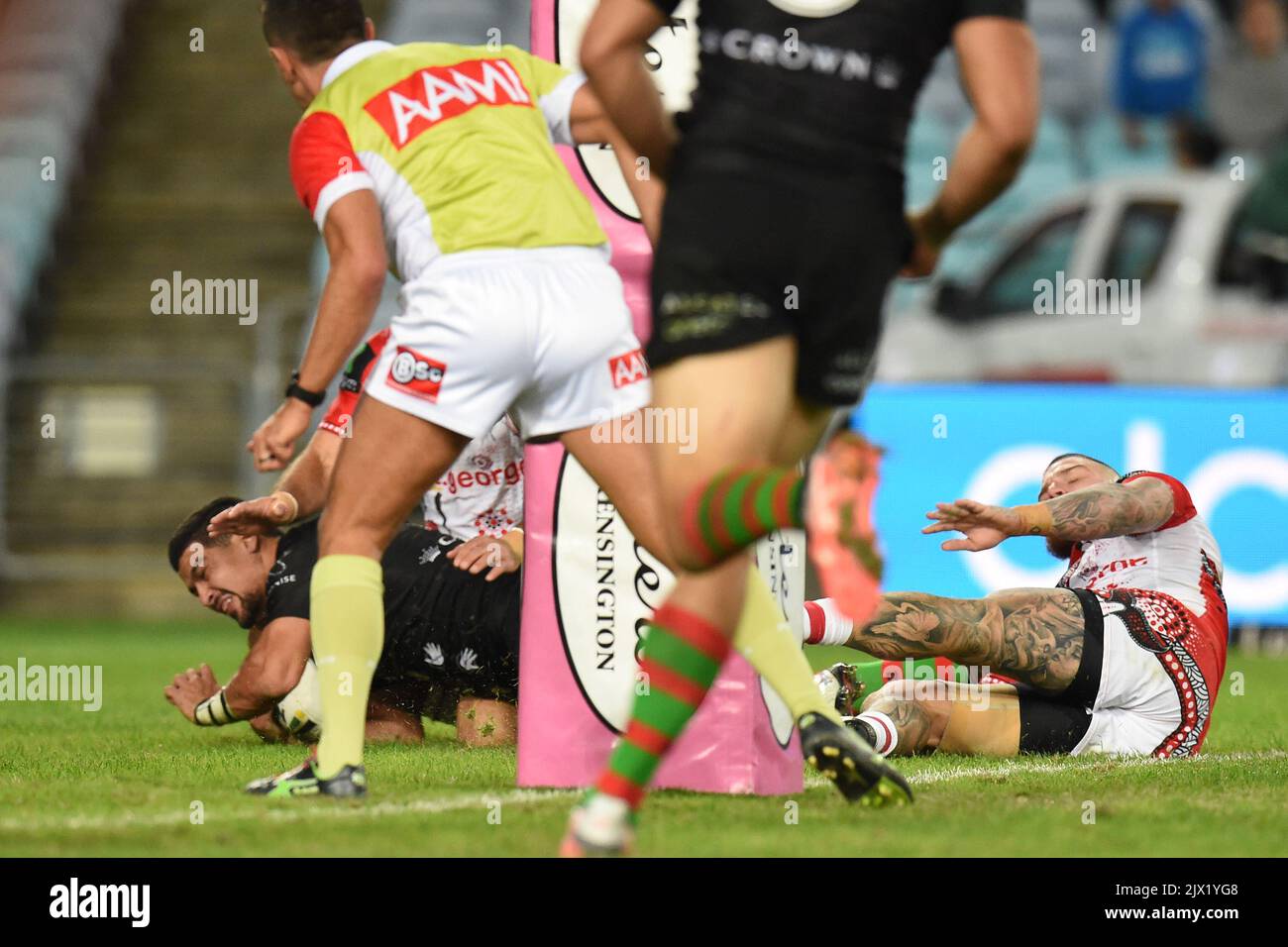 Cody Walker of the Rabbitohs scores a try during their round 11 NRL
