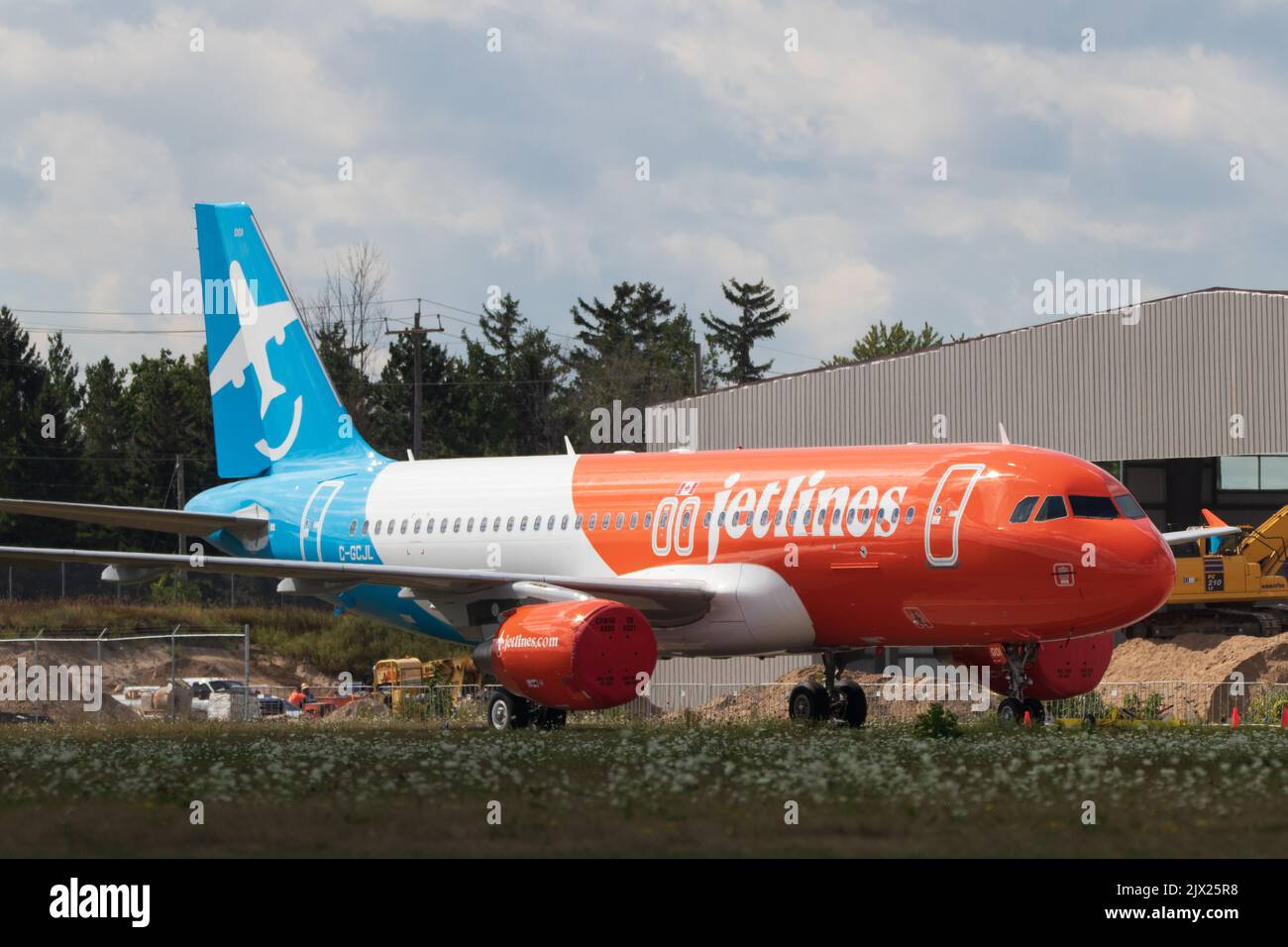 The first Canada Jetlines A320 sits parked awaiting its first