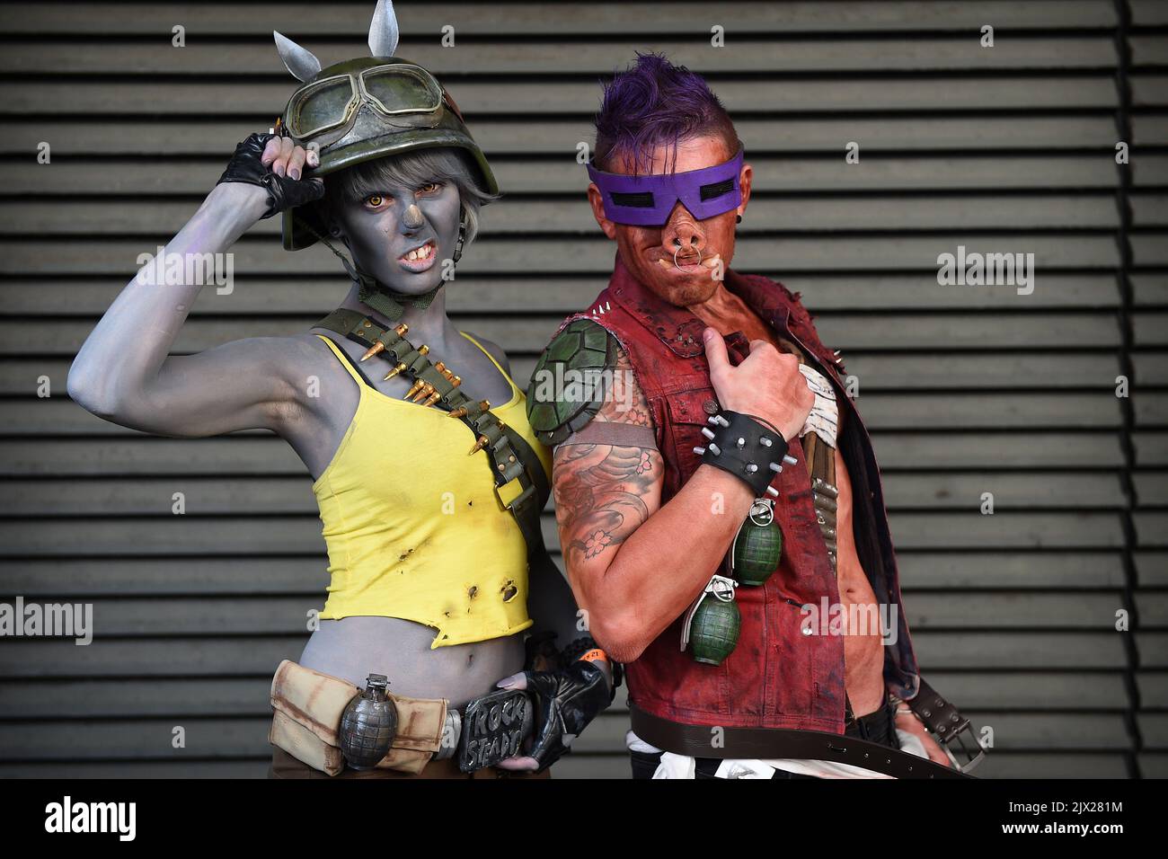 Gabriella Tacchi dressed in cosplay as Rocksteady and Dan Milkovic as Bebop  pose for a photograph at the Supanova pop culture expo, in Sydney,  Saturday, June 18, 2016. (AAP Image/Dan Himbrechts Stock