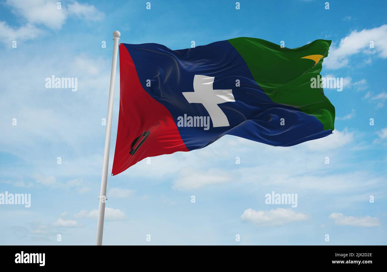 flag of Austronesian peoples Cebuanos at cloudy sky background, panoramic view.flag representing ethnic group or culture, regional authorities. copy s Stock Photo