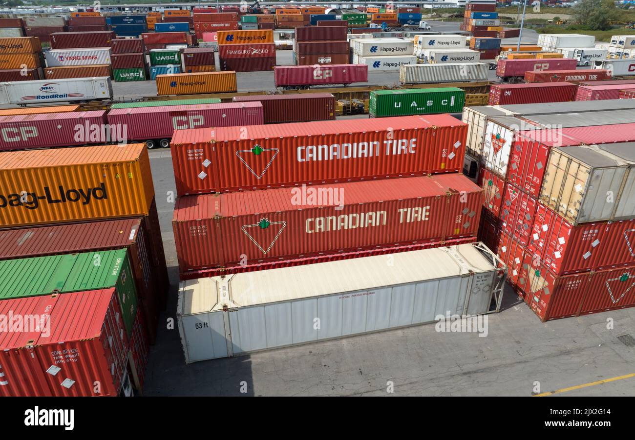 An aerial photo above a Canadian Tire shipping container in a shipping
