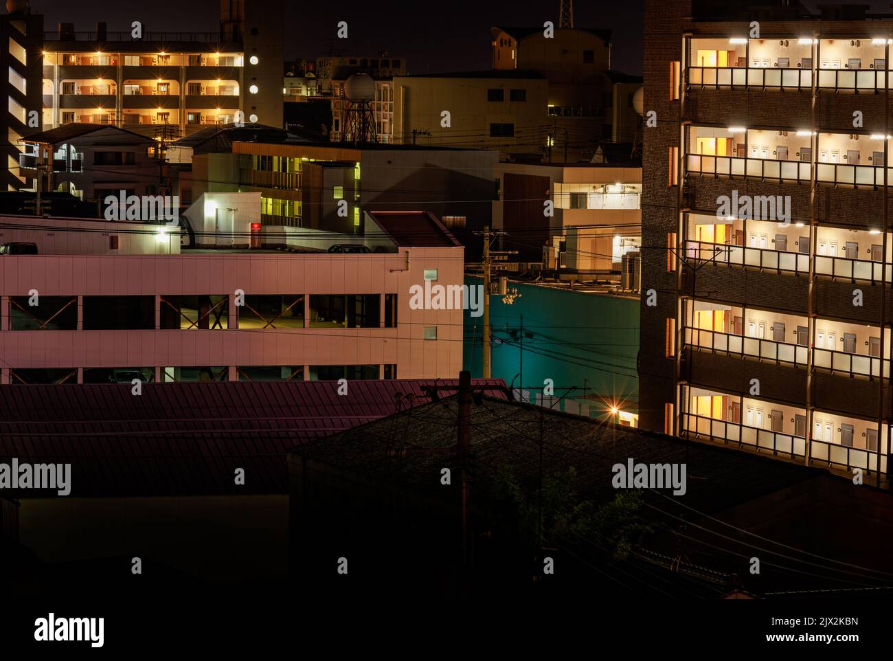 Densely packed multistory apartments in residential neighborhood at