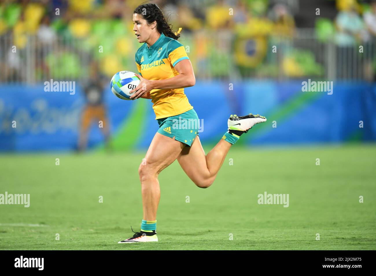 Australia's Charlotte Caslick runs away to score during their Women's Rugby  Sevens preliminary match against Fiji at Deodoro Stadium on day one, of the  Rio 2016 Olympic Games in Rio de Janeiro