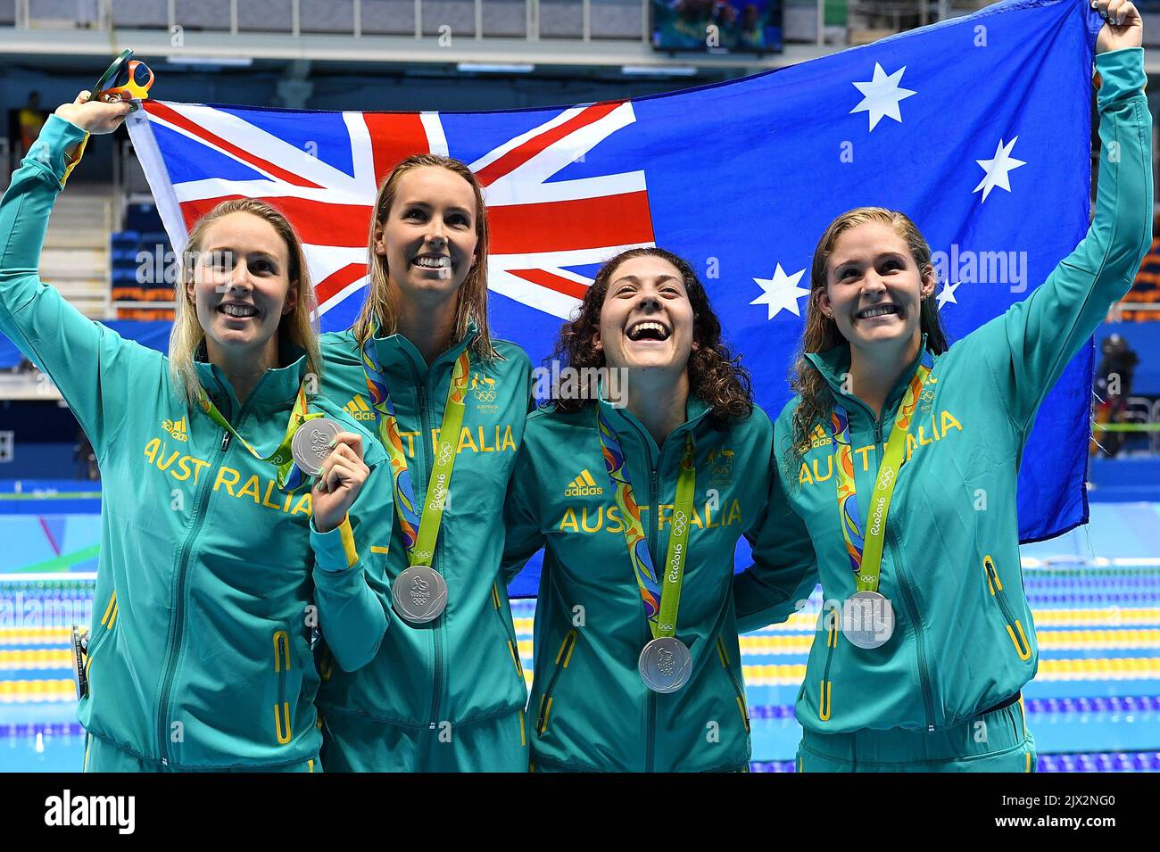 Australia's 4x200 teammates Leah Neale, Emma MckKeon, Bronte Barrett