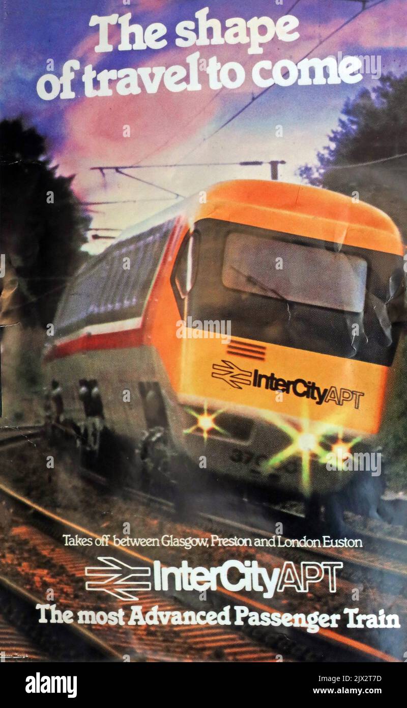 Poster of British Rail APT,BREL and British Rail Research Division Advanced Passenger Train prototype 370006 at Crewe,Cheshire,England,UK Stock Photo