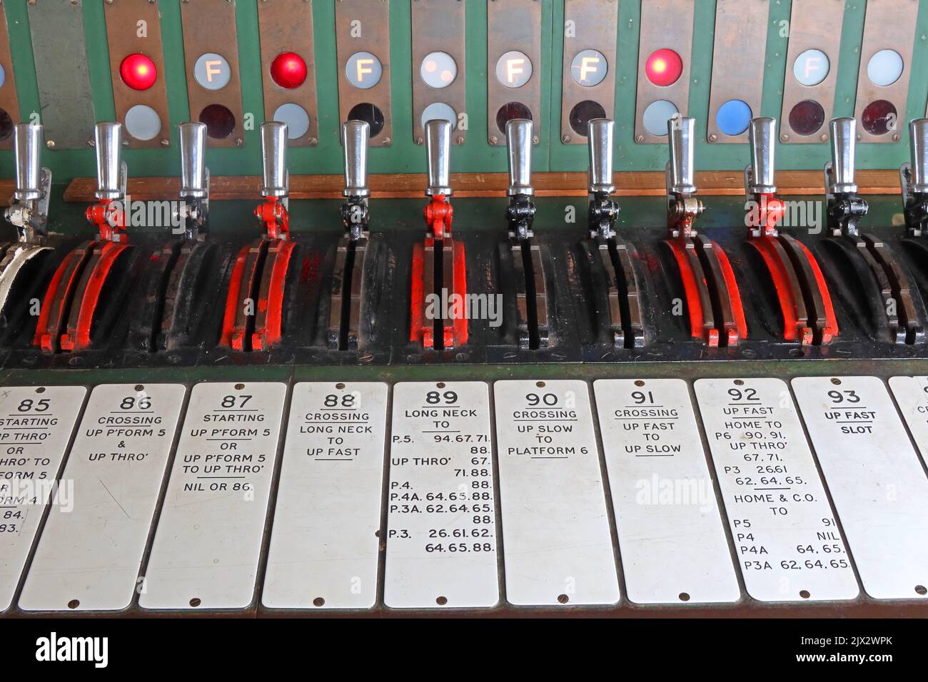 Signal box levers of power, Crewe North signalbox desk, with labelled points and signals. Up Thro, Up fast, Up Slow, Crossing, Slot Stock Photo