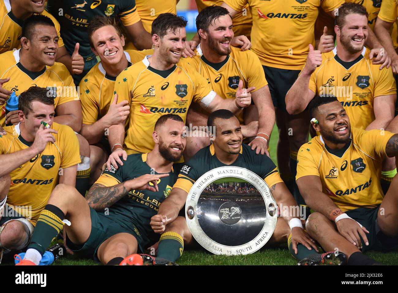 Wallabies players celebrate following the Rugby Championship match ...