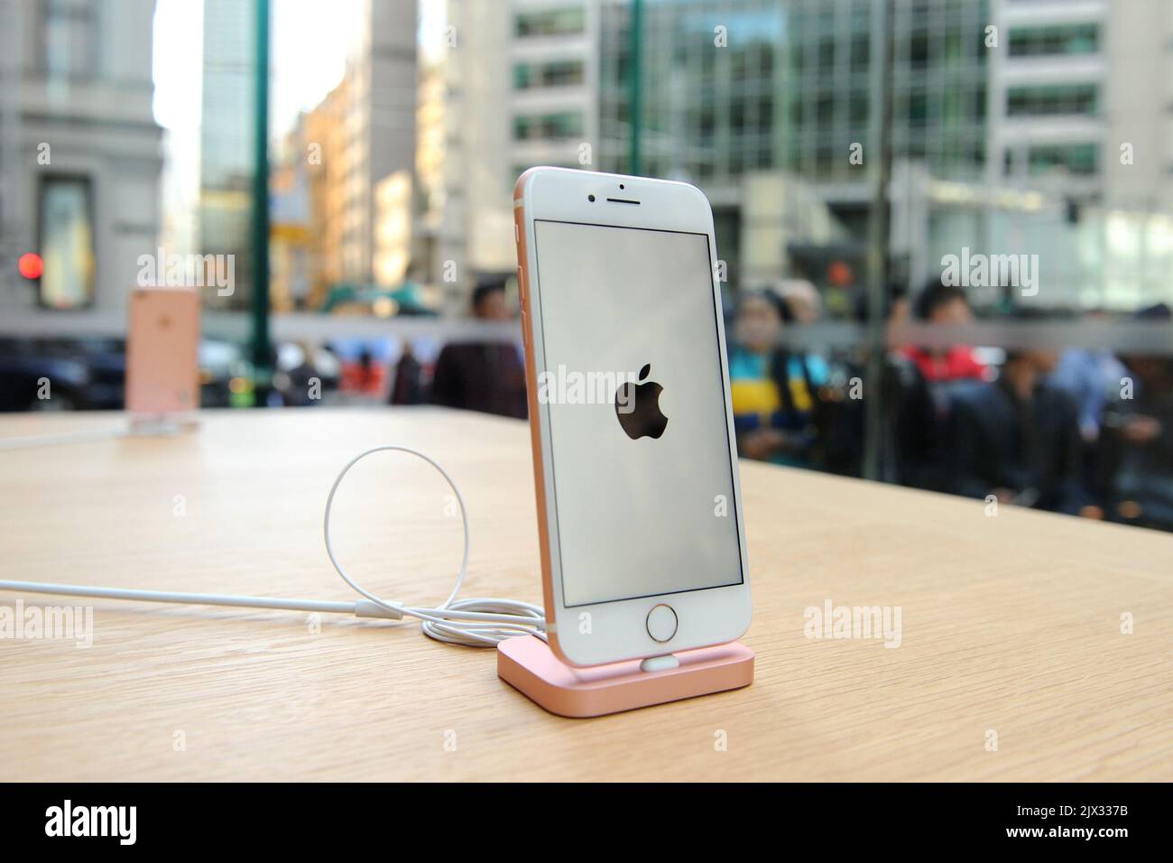 A new iPhone 7 smartphone on display at the Apple Store in Sydney, Friday,  Sept. 16, 2016. The iPhone 7, iPhone 7 Plus and Apple Watch Series 2 have  been released for