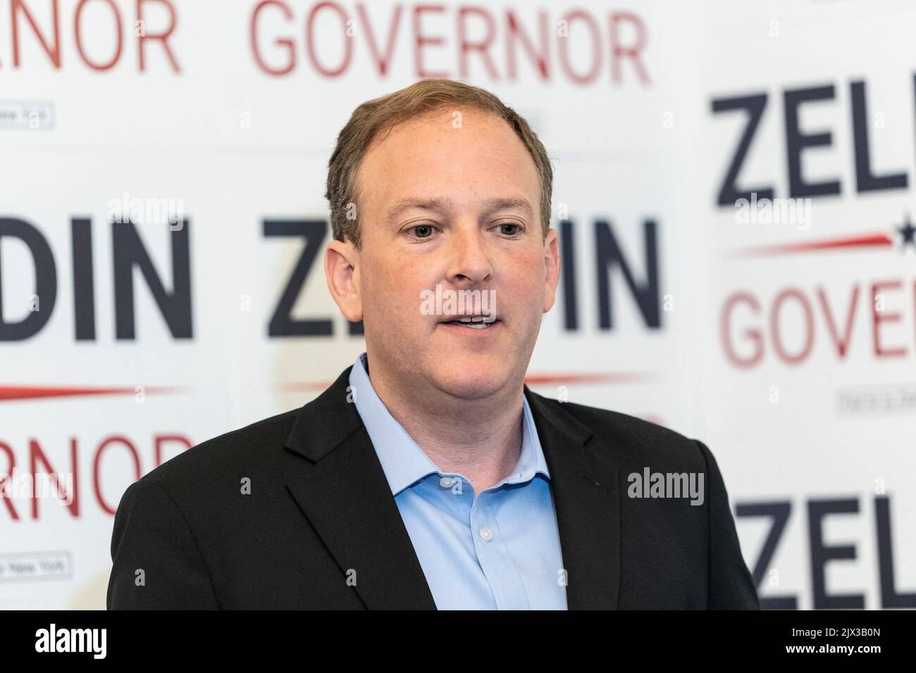 New York, New Yorkn, USA. 6th Sep, 2022. Republican and Conservative Parties nominee for Governor Lee Zeldin press conference on issue of debate at Zeldin NYC campaign headquarters. Zeldin demanded that Governor Kathy Hochul to join him on the debate stage for a minimum of five televised debates throughout New York. (Credit Image: © Lev Radin/Pacific Press via ZUMA Press Wire) Stock Photo