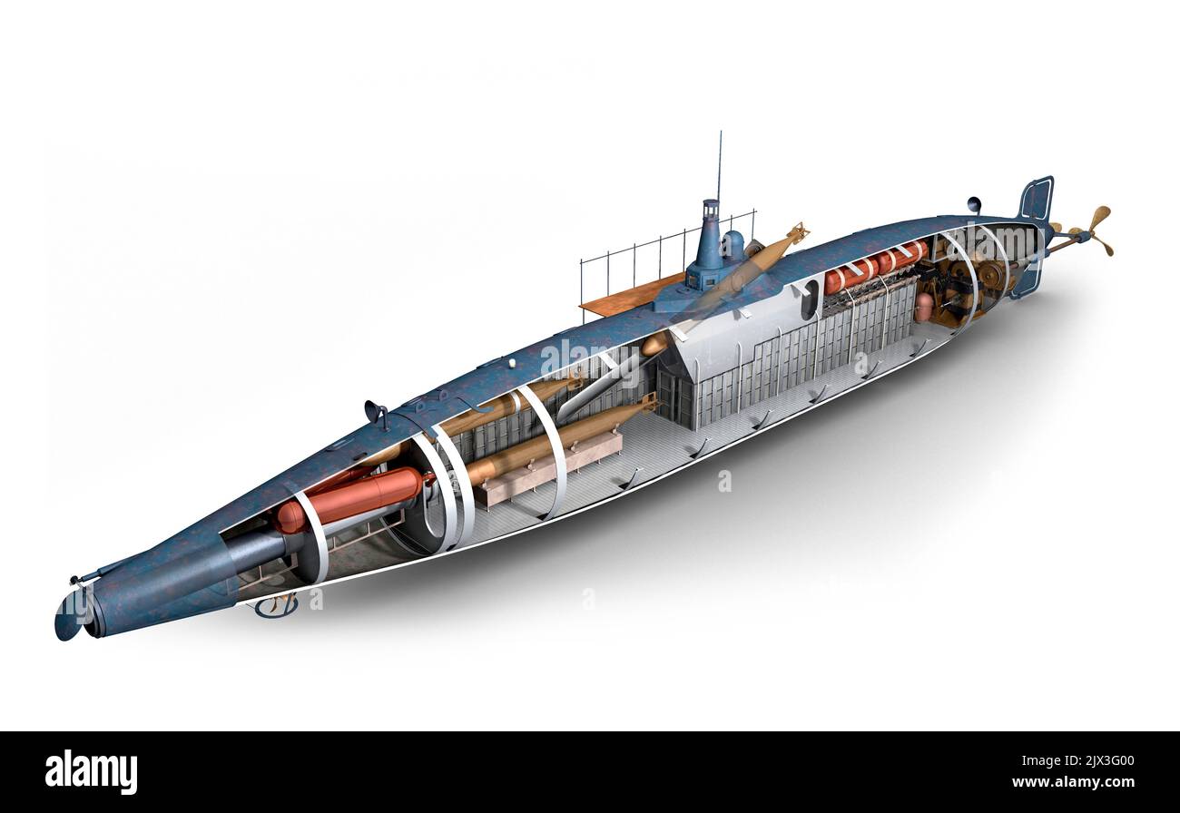 Illustration showing a crosssection of the Peral submarine, the world