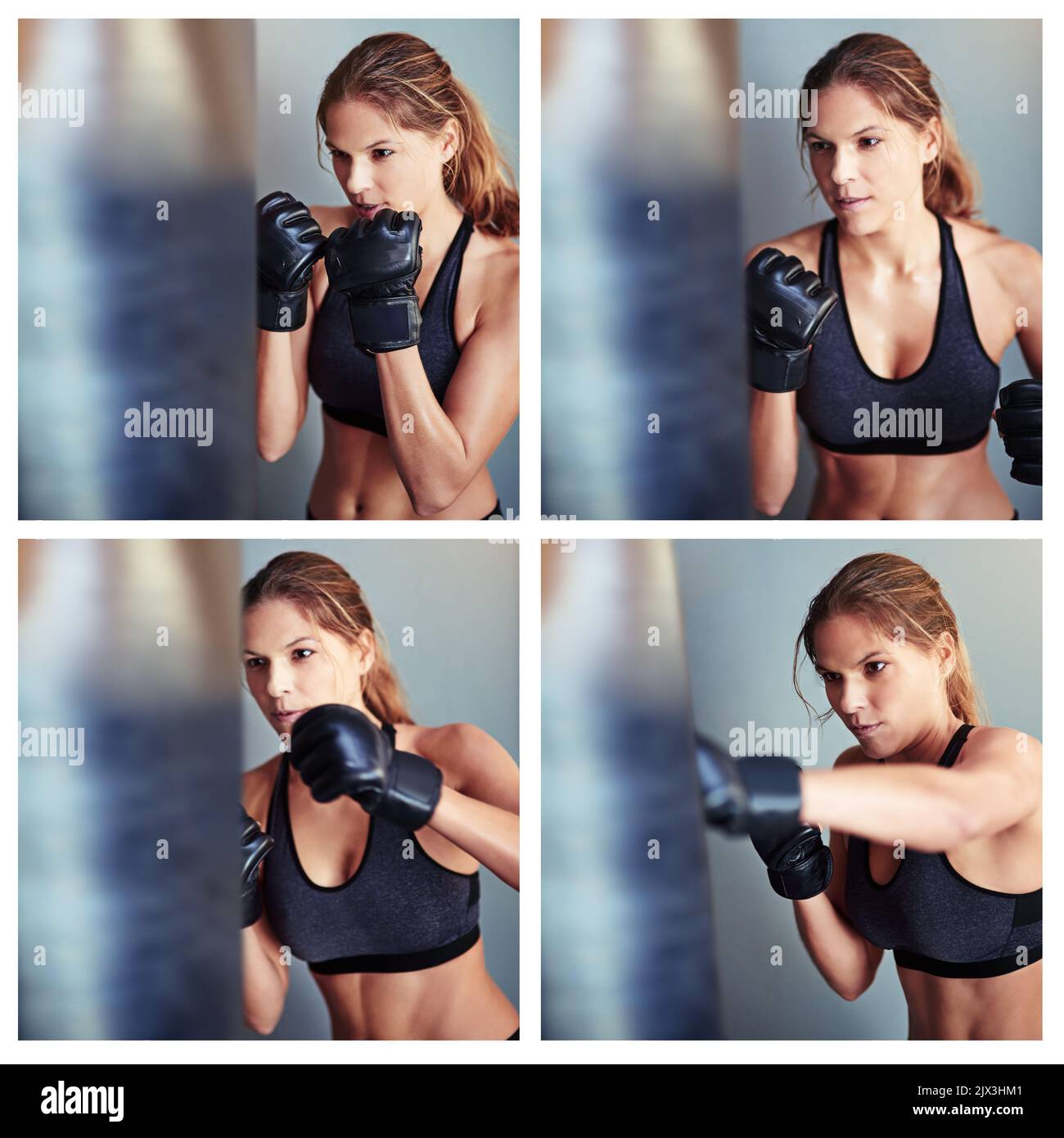 Boxing- The Greatest Hits. Composite image of a female boxer working out with a punching bag. Stock Photo