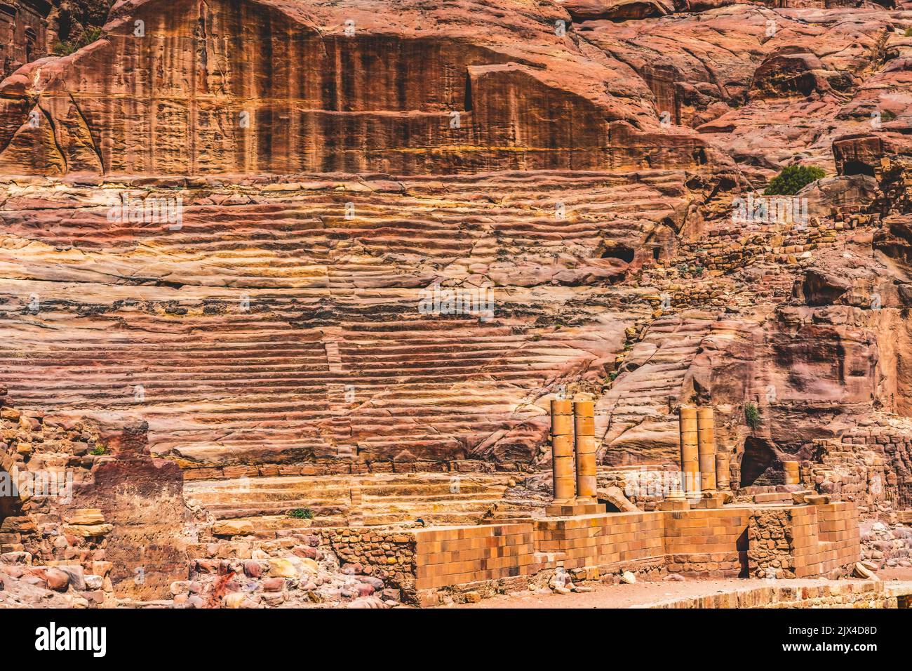 Red Carved Amphitheater Morrning Petra Jordan Built by Nabataens in 100 AD Finished by Romans Seats up to 7,000 people. Stock Photo