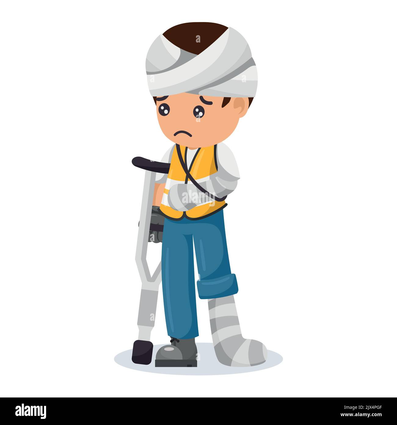 Injured industrial construction worker with bandages and cast on leg, arm and head after workplace accident. Industrial safety and occupational health Stock Vector