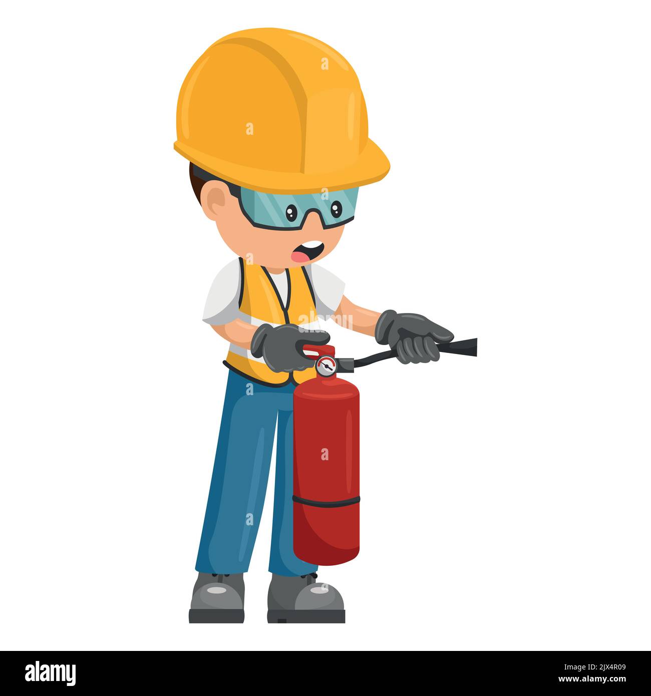 Industrial worker using a fire extinguisher with his personal