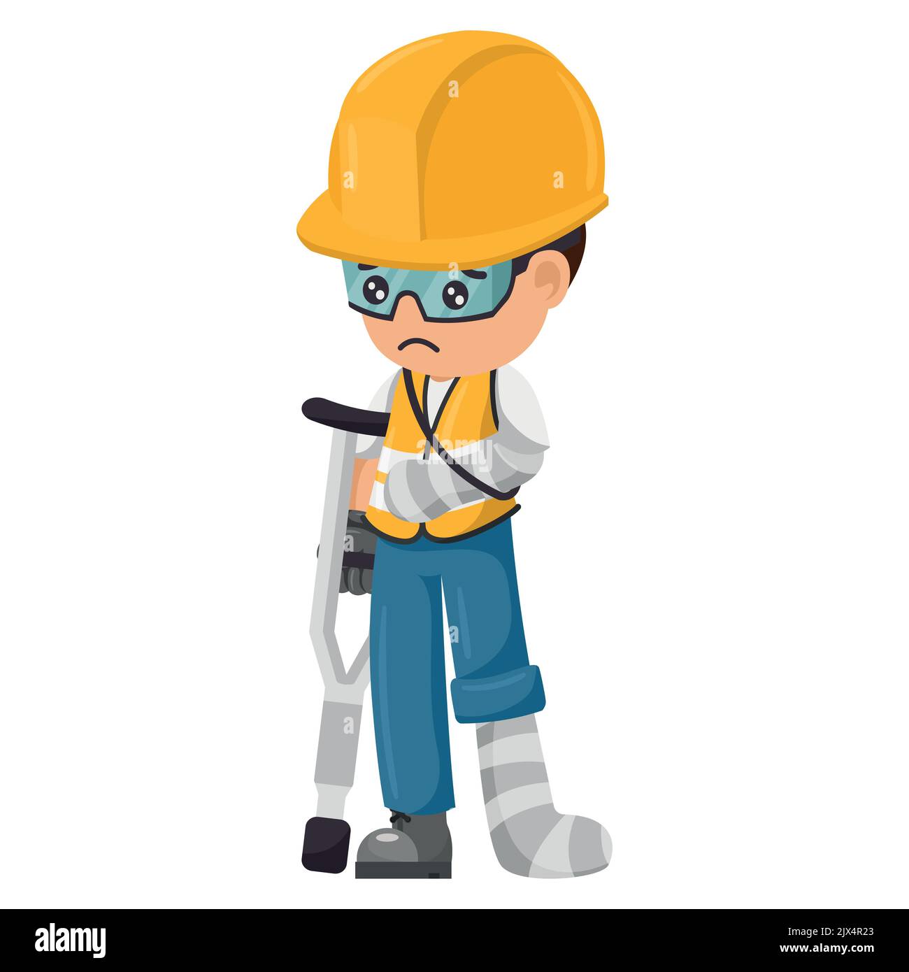 Injured industrial construction worker with bandages and plaster after a workplace accident. Industrial safety and occupational health at work Stock Vector