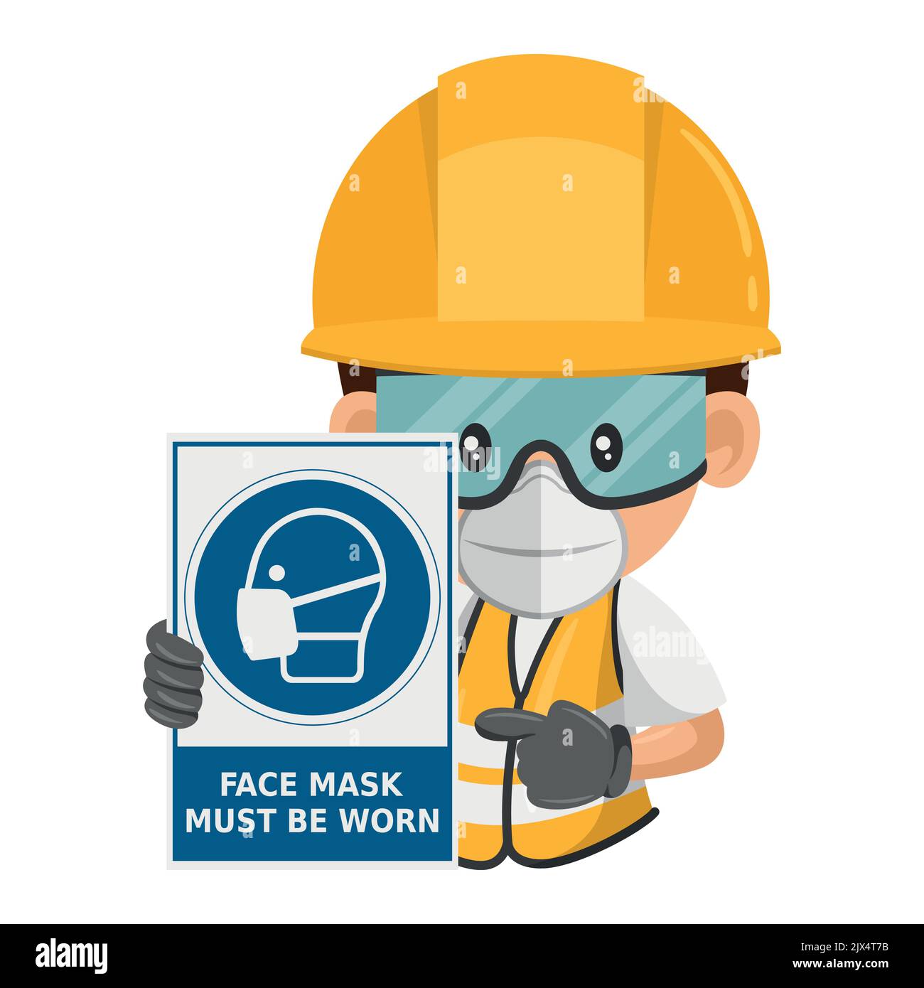 Industrial construction worker with a warning sign for the mandatory