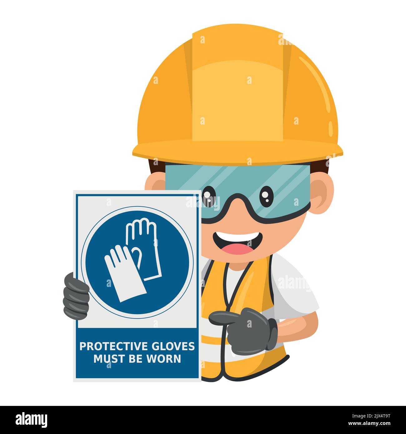 Industrial construction worker with mandatory use of gloves warning sign. Protective gloves must