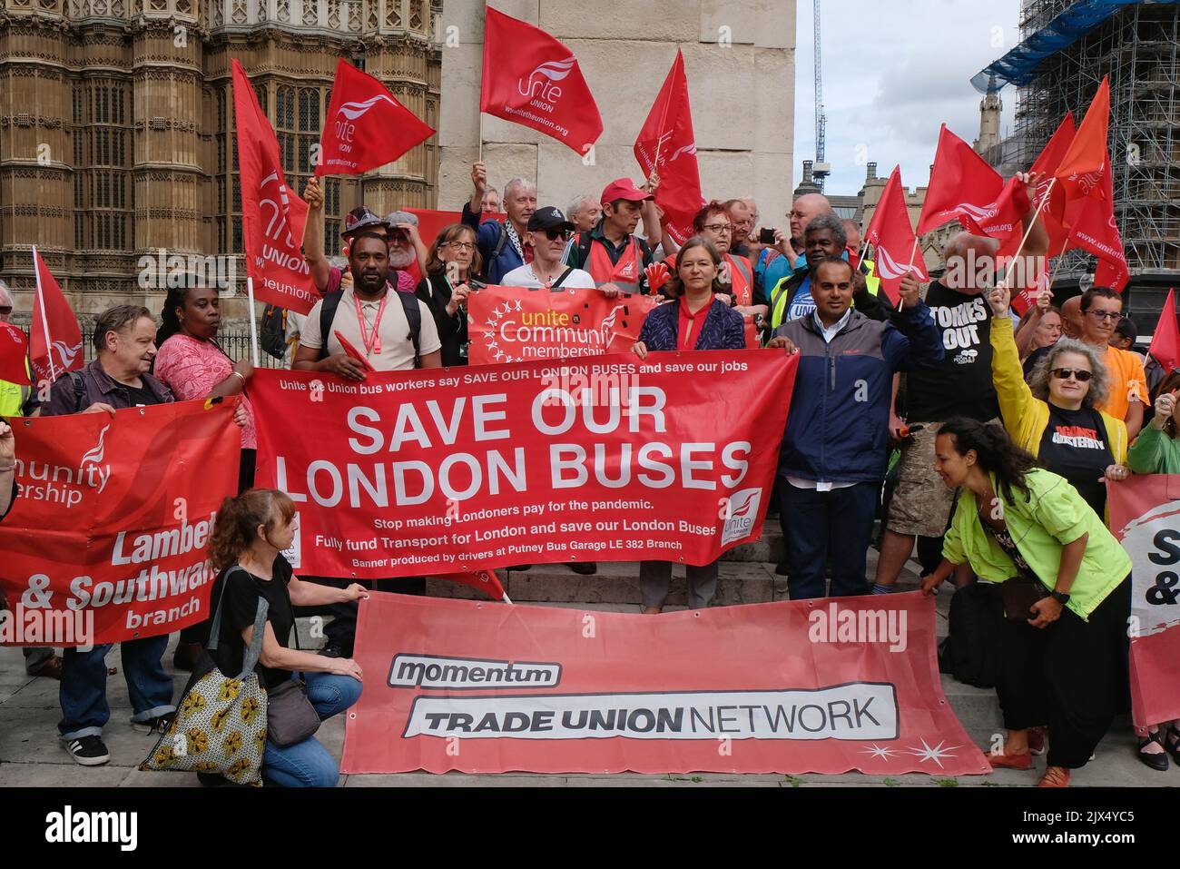 London, UK. 6th September, 2022. Members of the Unite Union stand with banners at an organised rally, after proposed plans by Transport for London (TfL) to axe 16 bus services and make changes to 78 routes, in an bid to save money following a drastic reduction in income during the pandemic, with the organisation's finances facing a black hole with a £1.9bn funding gap. London is the only capital city in Europe to not have government subsidised transport. Credit: Eleventh Hour Photography/Alamy Live News Stock Photo
