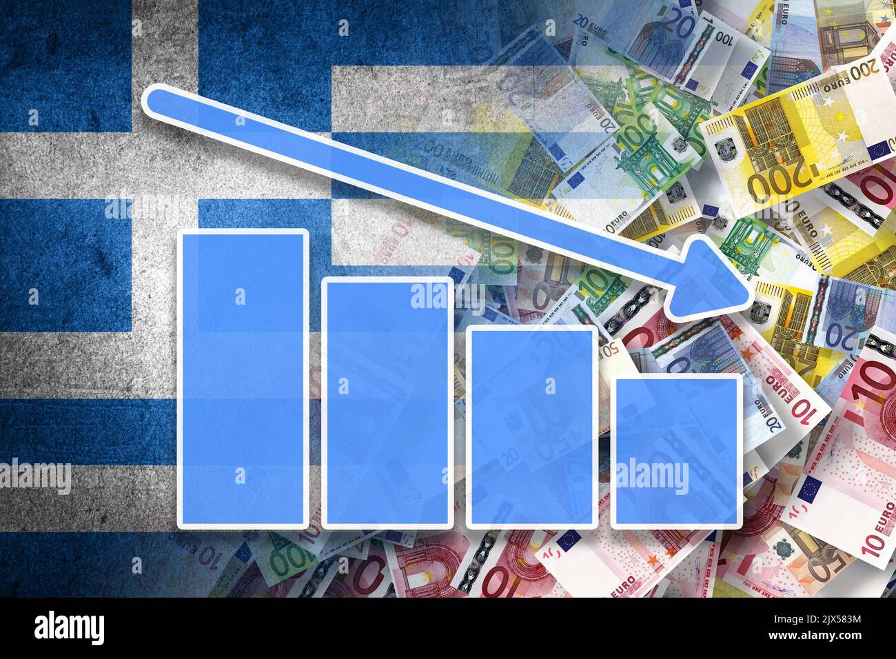 Economy Graph - Down Arrow, Cash Euro Bills and Greece Flag (Money, Economy, Business, Finance, Crisis) Stock Photo