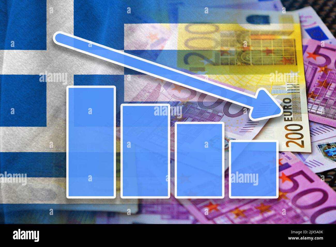 Economy Graph - Down Arrow, Cash Euro Bills and Greece Flag (Money, Economy, Business, Finance, Crisis) Stock Photo