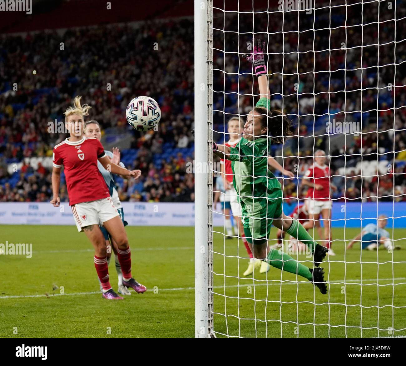 Cardiff, United Kingdom, 6, September, 2022, Laura O'Sullivan (Wales)  punches ball clear                   during FIFA Women's World Cup 2023 Qualifying Round, Final Score 0-0 Wales Qualify for the Play off’s. Credit:, Graham Glendinning,/ Alamy Live News Stock Photo
