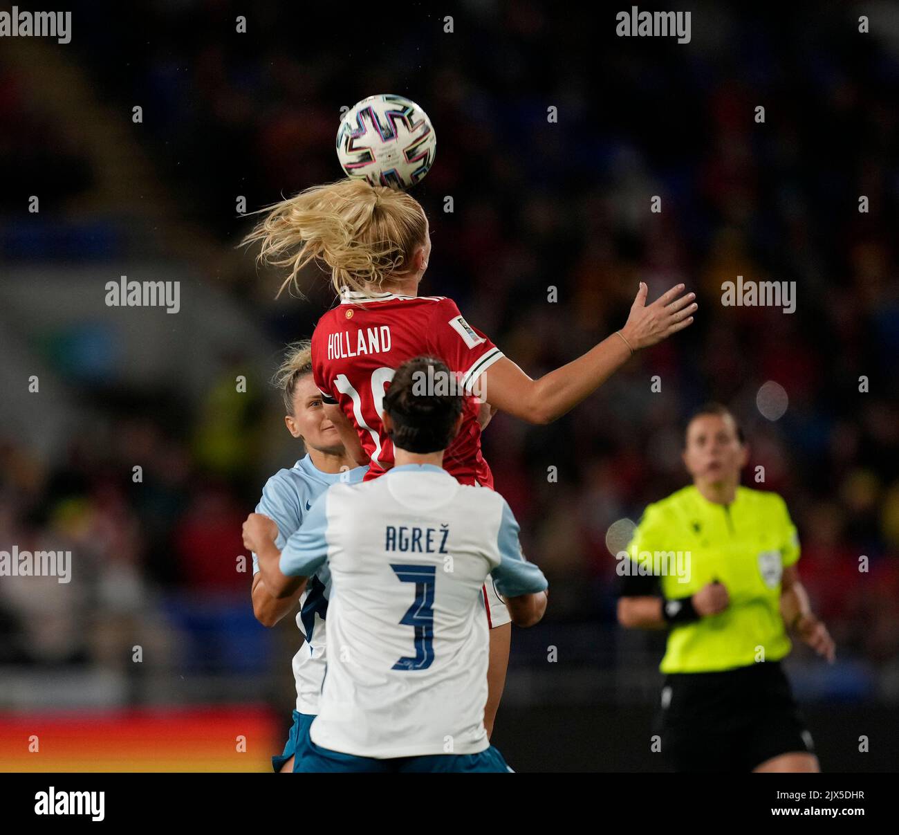 Cardiff, United Kingdom, 6, September, 2022, Ceri Holland (Wales) heads the ball clear , during FIFA Women's World Cup 2023 Qualifying Round,Final Score 0-0 Wales Qualify for the Play off’s   Credit:, Graham Glendinning,/ Alamy Live News Stock Photo