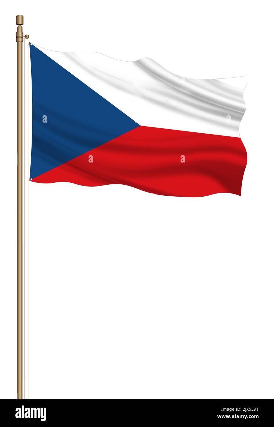 3D Flag of Czech on a pillar blown away isolated on a white background