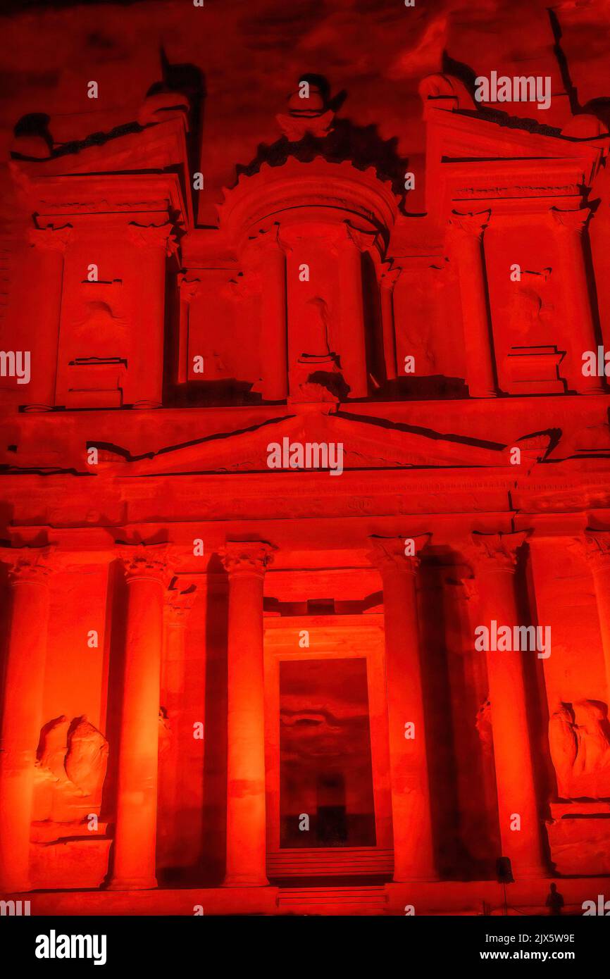 Red Treasury Illuminated Night Petra Jordan Built by  Nabataens in 100 BC Petra at Night is special presentations for Tourists Stock Photo