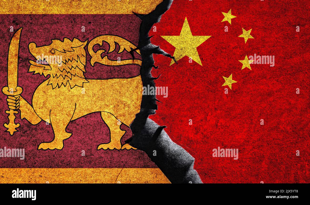Sri Lanka vs China flags on a wall with crack. China Sri Lanka relation. Sri Lanka China conflict, war crisis, economy, relationship, trade concept Stock Photo