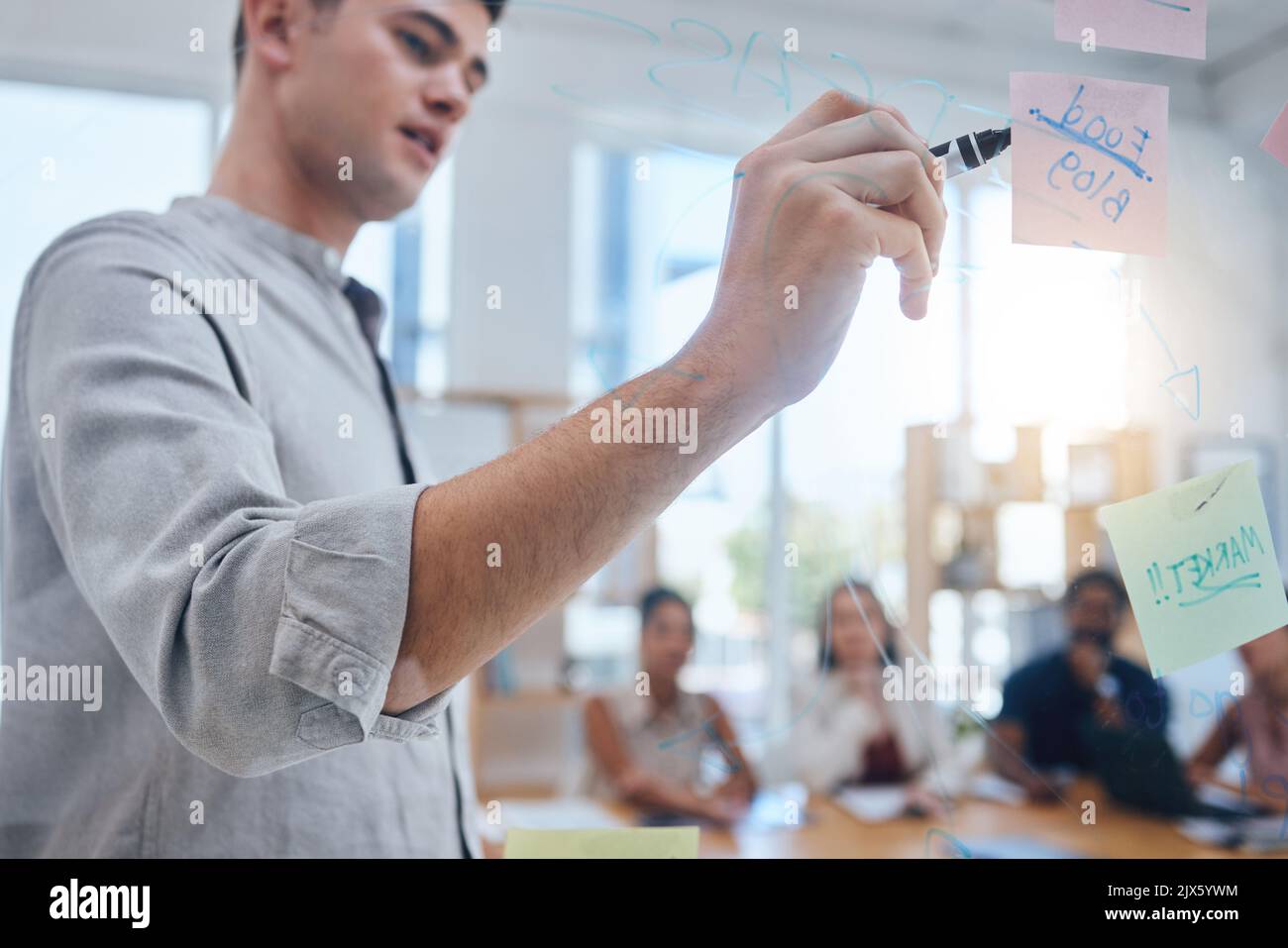 Presentation, leader and coach talking and writing ideas, marketing and advertising plan or strategy during a meeting. Business man showing solution Stock Photo