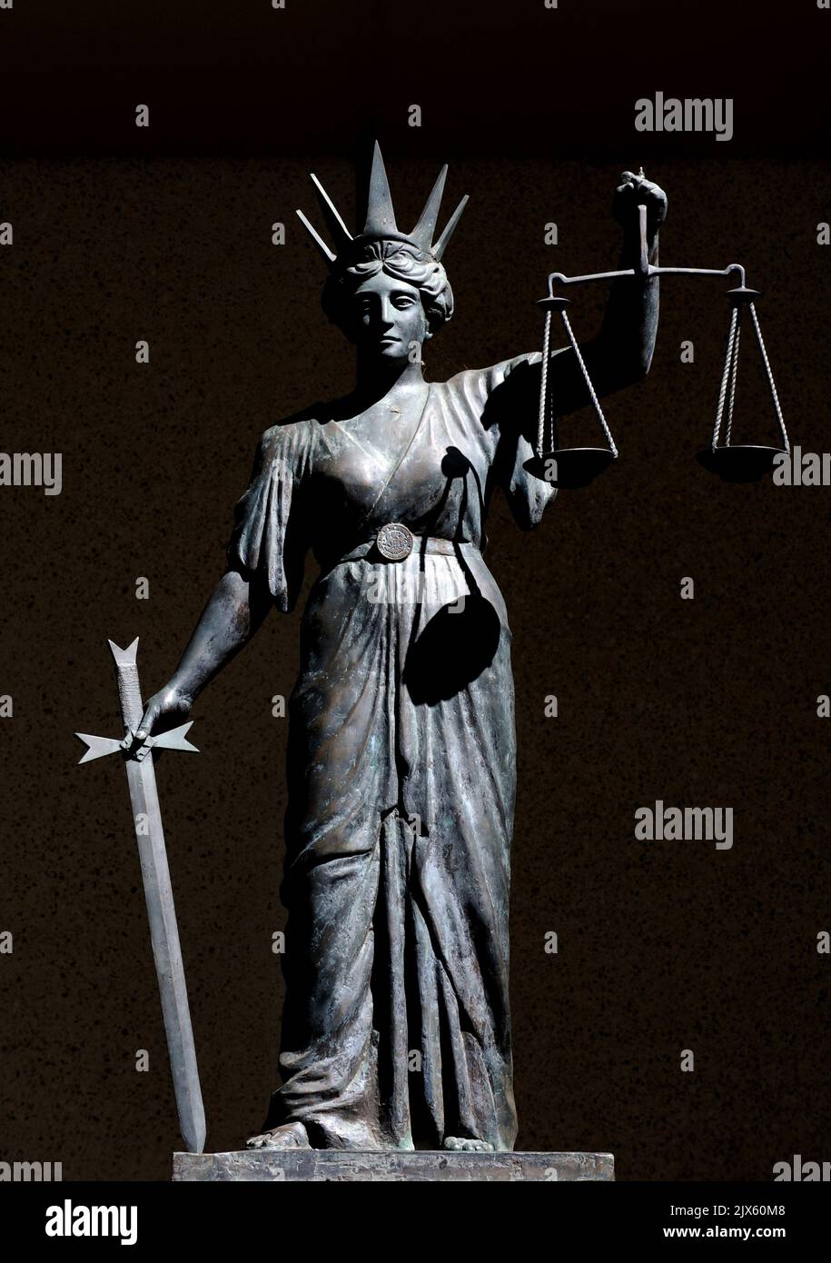 Stock picture of a statue of 'Lady Justice' or Themis, the Greek God of Justice, outside the