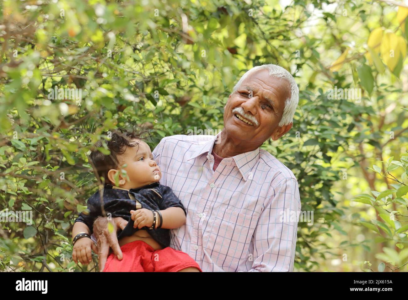 Close-up photo of Indian Hindu grandfather raised little grand son in the dock in the garden Stock Photo