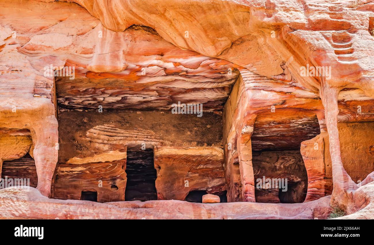 Rock Tombs Colorful Abstracts Street of Facades Petra Jordan Built by Nabataens in 200 BC to 400 AD Colorful tombs create abstracts from magnesium in Stock Photo