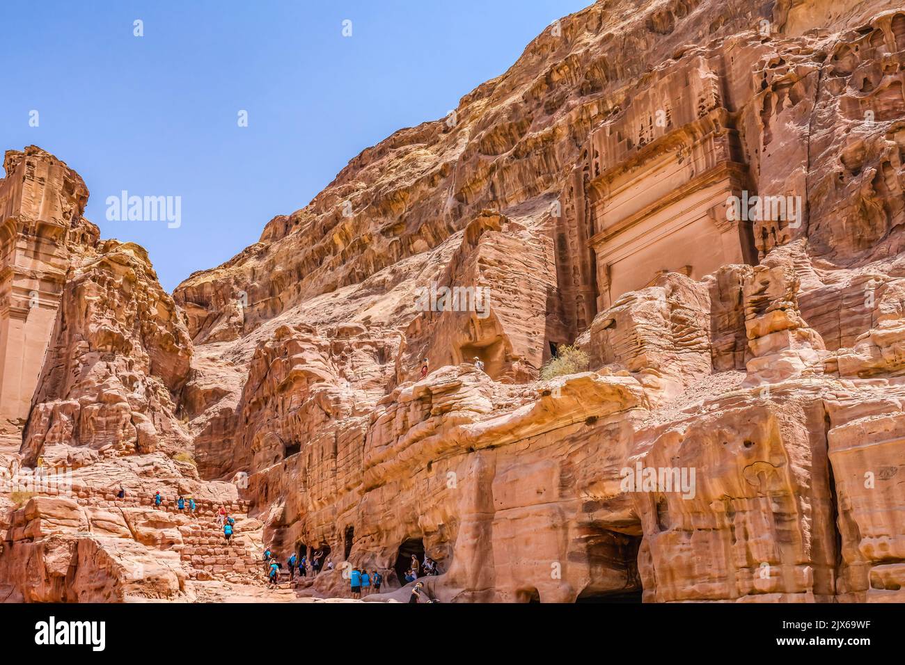Walking to Royal Rock Tombs for Kings Petra Jordan Built by Nabataens in 200 BC to 400 AD Stock Photo