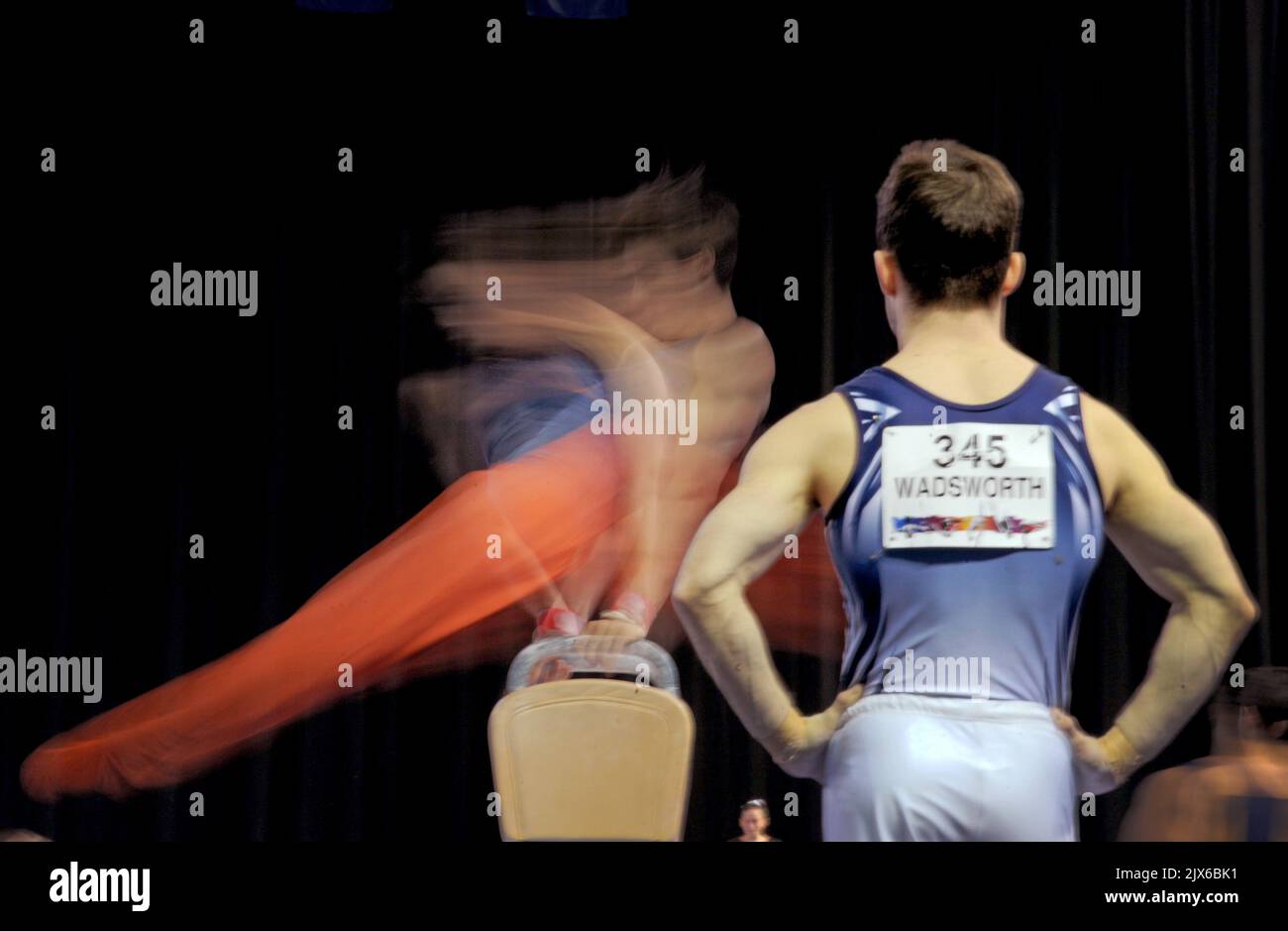 Gymnasts warmup on the Pommel Horse, at the 2017 Australian Gymnastic