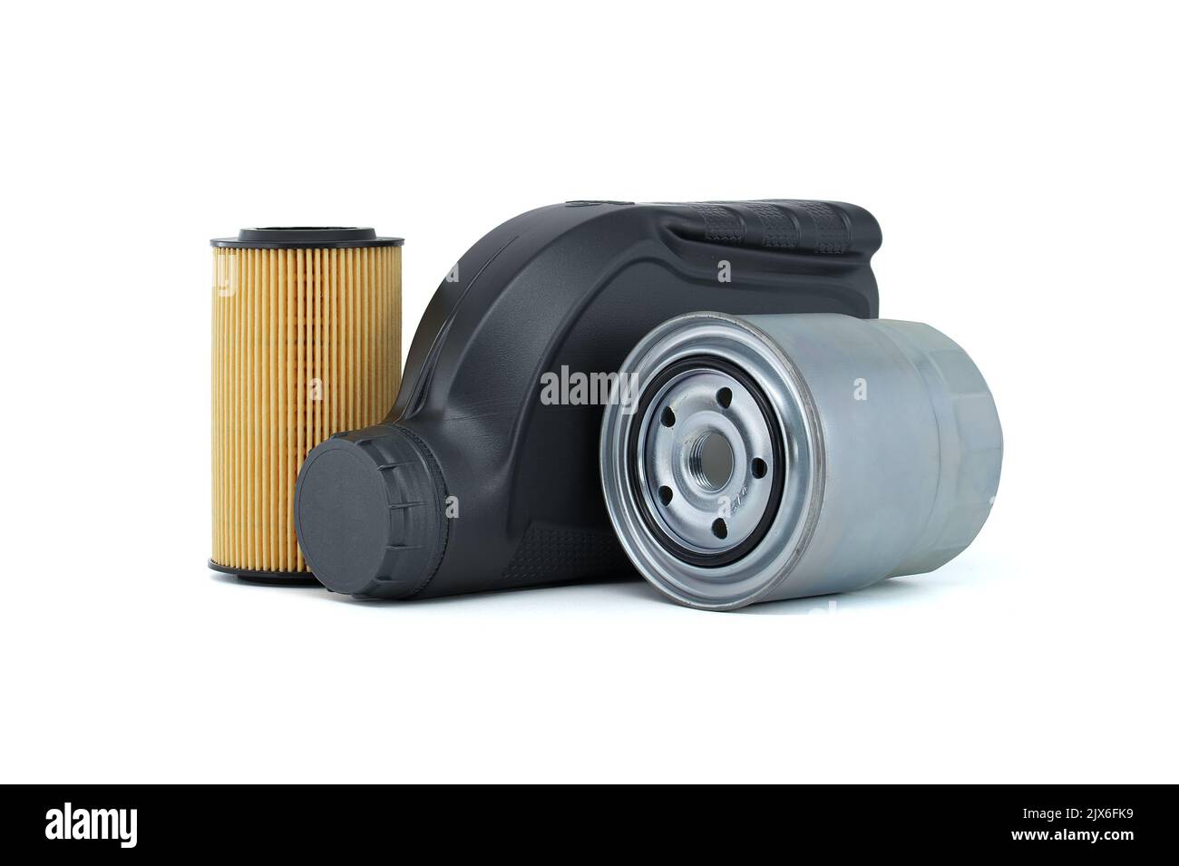 Vehicle engine oil filters and motor oil can isolated on a white background. Containers, plastic