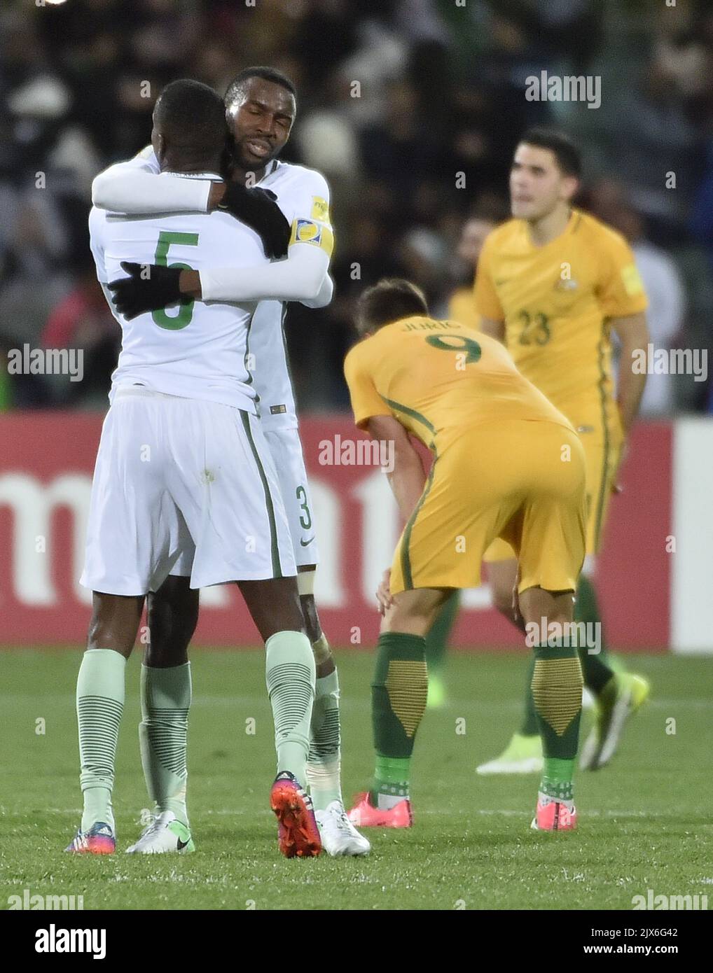 Omar Ibrahim othman and Osama Hawsawi from Saudi Arabia celebrate after scoring second goal during the 2018 FIFA World Cup Asian Qualifier match between Australia and Saudi Arabia at the Adelaide Oval in Adelaide, Thursday, June 8, 2017. (AAP Image/David Mariuz) Stock Photo