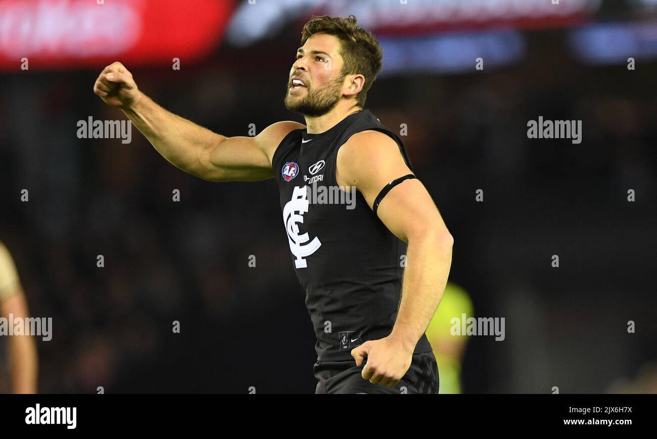 Levi Casboult of the Blues reacts after missing goal in the last quarter  during the Round 12 AFL match between the Carlton Blues and the GWS Giants  at Etihad Stadium in Melbourne, Sunday, June 11, 2017. (AAP Image/Julian  Smith Stock Photo - Alamy