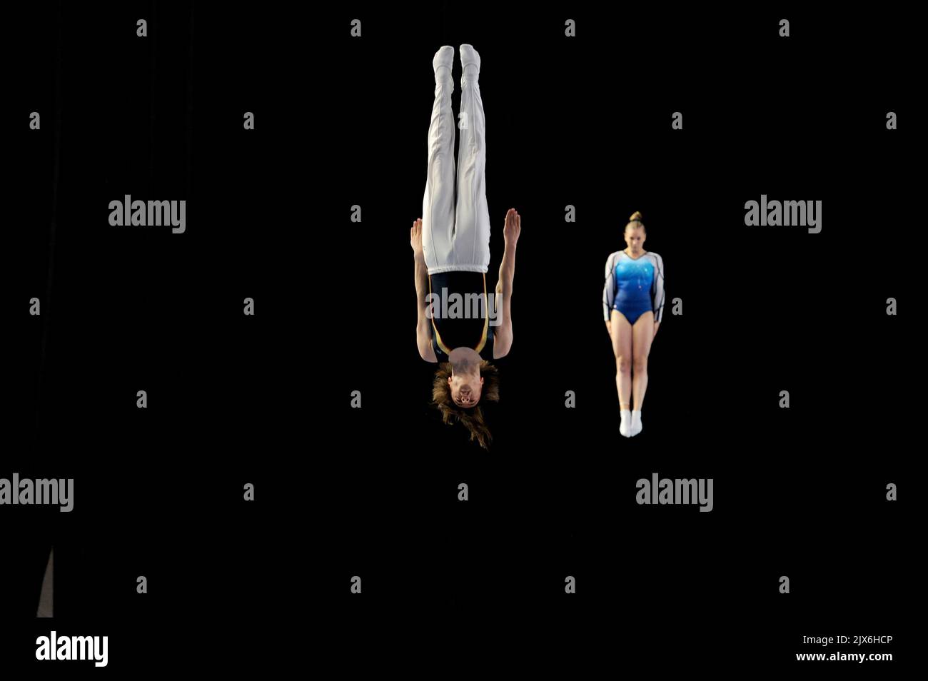 Trampolinists practice their routine, at the 2017 Australian Gymnastic ...