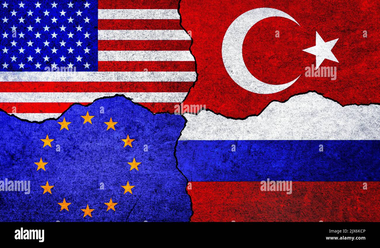 European Union, Russia, America And Turkey Flags Together. USA Russia ...