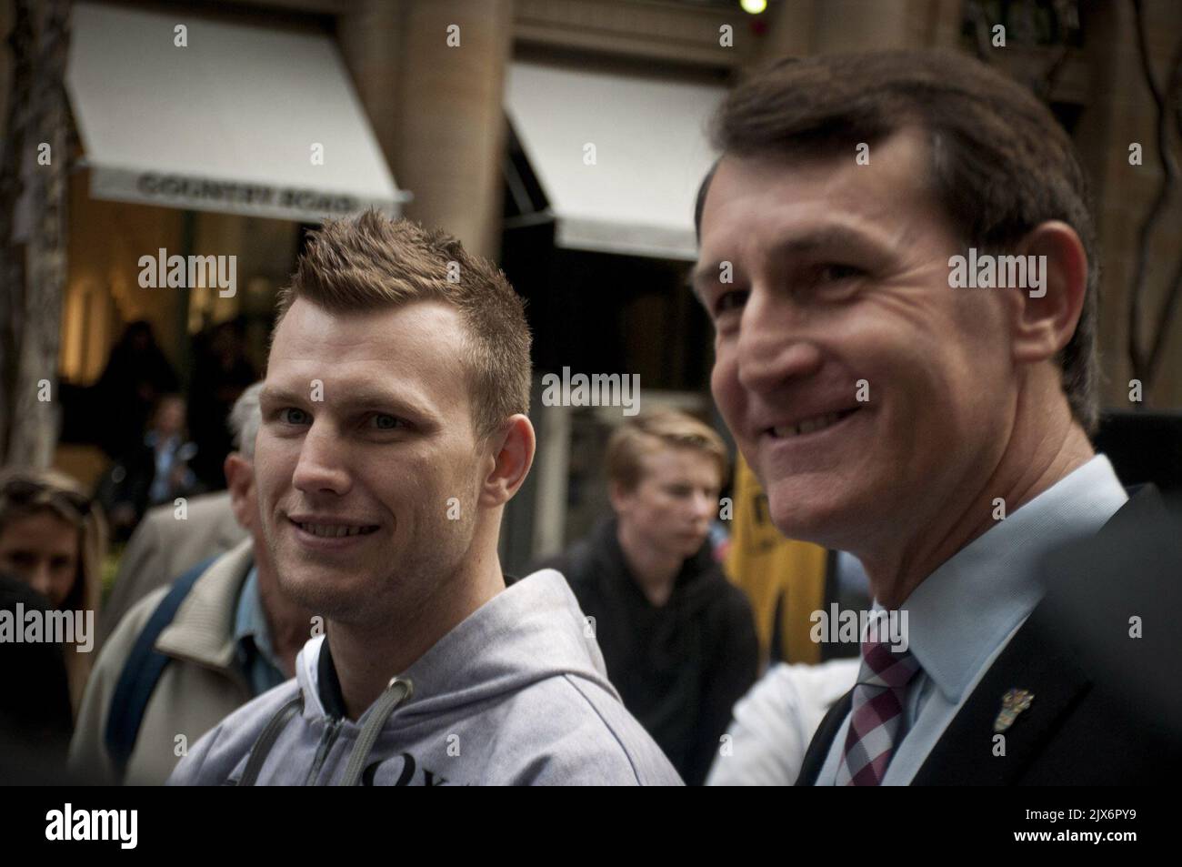 Boxer Jeff Horn (left) with Lord Mayor Graham Quirk speak during a