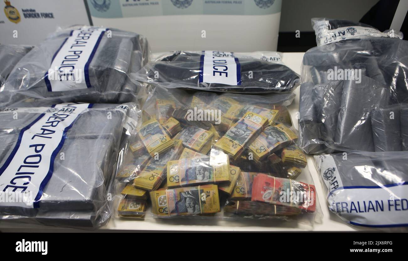Seized drugs and cash on display at the Australian Federal Police ...
