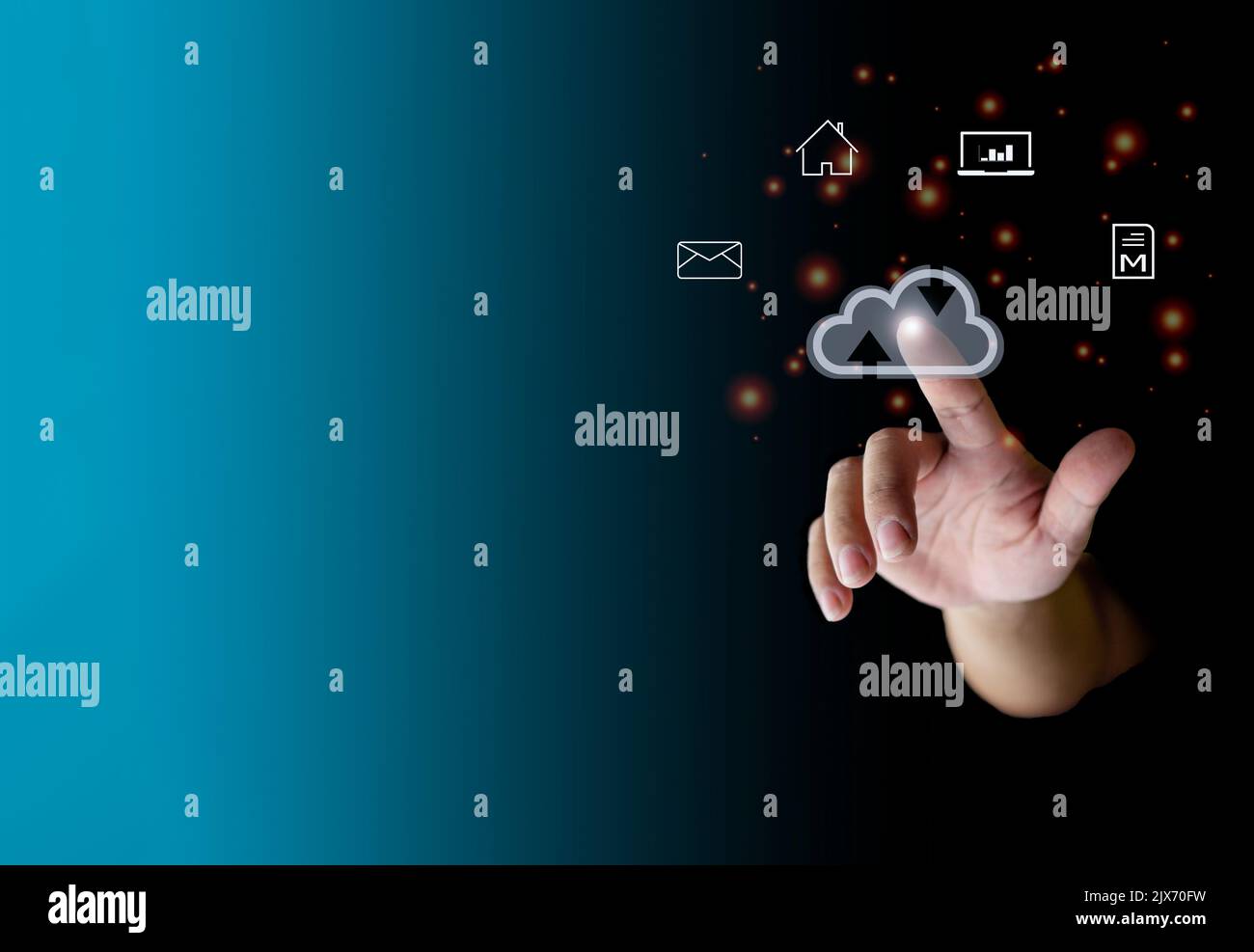human finger pointing at the cloud show global data transfer with cloud computing, global internet, communication, big data, copy space Stock Photo