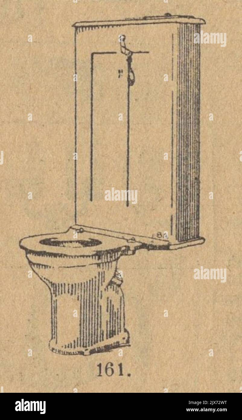 vintage illustrated catalogue about plastering, installation materials, bathroom, toilet and plumbing equipment by Andor Balint from Hungary, Budapest, IV Magyar u. 1 at 1935 toilet equipment: toilet with manual filling / manually-filled toilet / manually-flush toilet Stock Photo