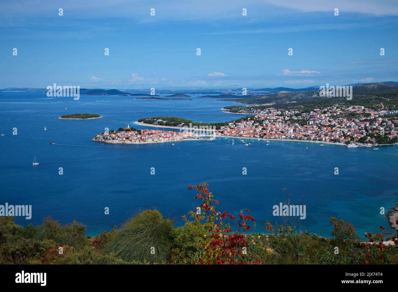 Mediterranean seascape with lot of islands and historic town on peninsula Stock Photo
