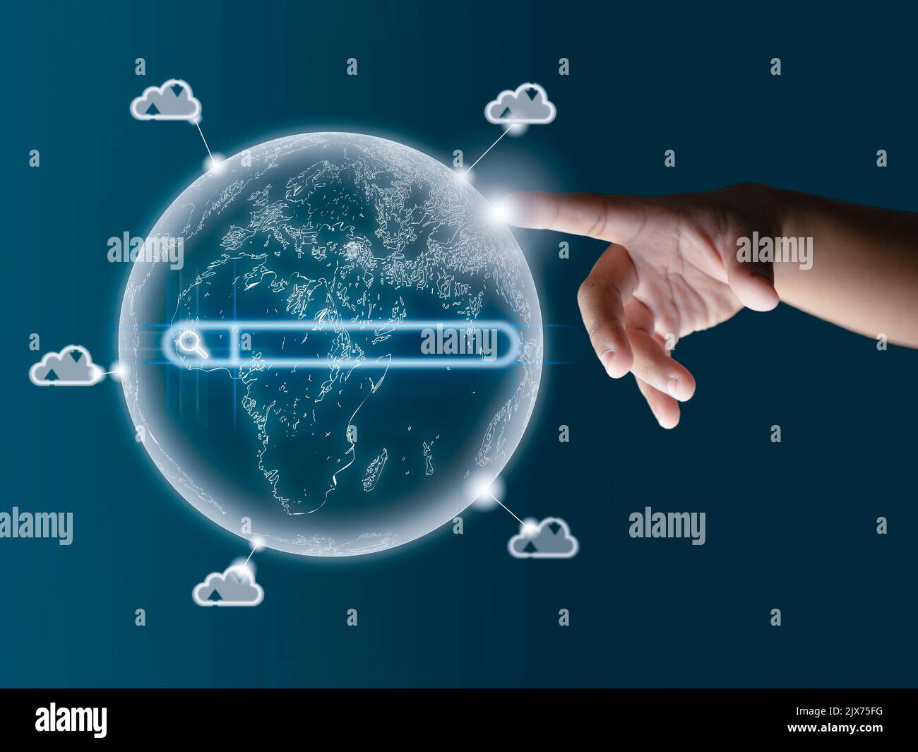 The human finger points to the world model. Displays data transfers around the world. The global cloud system, the global Internet system, communicati Stock Photo