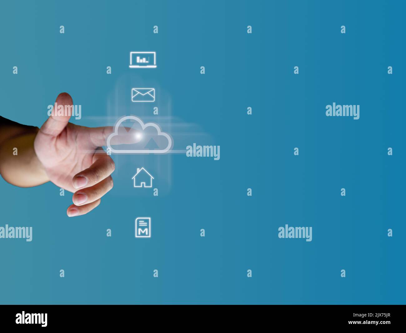 human finger pointing at the cloud show global data transfer with cloud computing, global internet, communication, big data, copy space Stock Photo