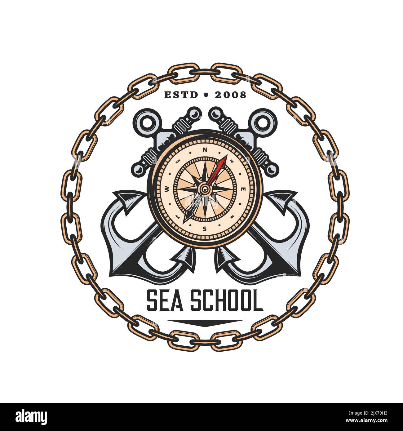 Sea school heraldic vector icon of compass and crossed anchors, nautical and sailing education. Vintage marine wind rose, sail ship or boat anchors in frame of yacht chain isolated round symbol Stock Vector